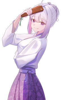 Rule 34 | 1girl, absurdres, arm under breasts, breasts, closed mouth, commentary, dulgi (ine (vtuber)), floral print, from side, gradient hair, grey hair, gumbshil, hair bun, hair ornament, hanbok, highres, holding, ine (vtuber), korean clothes, korean commentary, long sleeves, looking at viewer, medium breasts, multicolored hair, nail polish, purple eyes, purple hair, purple nails, purple skirt, sidelocks, simple background, single hair bun, skirt, smile, solo, standing, virtual youtuber, waktaverse, white background, white hair