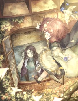 2girls ^_^ absurdres black_cape black_hair black_hat blue_dress blue_eyes brown_hair brown_shoes cape closed_eyes coat dress envelope floating flower flutterpage flutterpage_(gently_comes_the_thawing_breeze) from_above from_outside hair_flower hair_ornament hat highres holding holding_envelope ic_(iccccccccc81) juliet_sleeves long_hair long_sleeves looking_at_viewer looking_outside multiple_girls official_alternate_costume open_mouth open_window plant puffy_sleeves reverse:1999 shoes short_hair simple_bird smile socks unworn_hat unworn_headwear vines white_coat white_dress white_socks willow_(reverse:1999) window