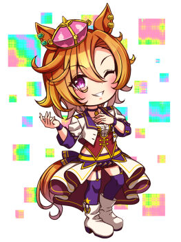 1girl animal_ears blush bodice boots breasts chibi chibi_only choker collarbone commentary_request corset cropped_jacket crown full_body garter_straps grin hair_between_eyes highres horse_ears horse_girl horse_tail jacket long_sleeves looking_at_viewer midriff_peek mini_crown navel one_eye_closed open_mouth orange_hair orange_tail overskirt pendant_choker pink_crown purple_choker purple_eyes purple_garter_straps purple_thighhighs red_corset red_shorts shirt short_hair shorts smile solo star_(symbol) starting_future_(umamusume) sugimotty_nova t.m._opera_o_(umamusume) tail teeth thighhighs umamusume white_boots white_jacket white_shirt wristband