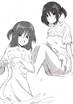 Rule 34 | 2girls, bathing, blush, breasts, collarbone, dress, green eyes, hayate no gotoku!, highres, medium breasts, monochrome, multiple girls, multiple views, naked towel, nishizawa ayumu, open mouth, red eyes, segawa izumi, short hair, short shorts, shorts, sideboob, ten 8810, thighs, towel, twintails, two side up, water