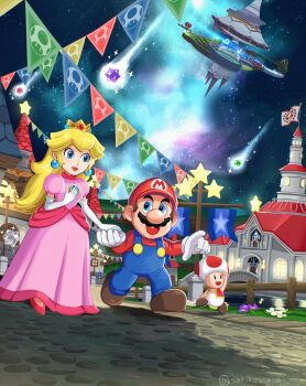 1girl 2boys absurdres artist_name blonde_hair blue_eyes blue_overalls boots brown_boots brown_hair castle comet_observatory crown dress earrings elbow_gloves facial_hair gloves hat highres holding_hands in-universe_location jewelry long_hair mario mario_(series) multiple_boys mustache night nintendo outdoors overalls pink_dress princess_peach princess_peach's_castle red_hat red_shirt sasaki_sakiko shirt short_hair sphere_earrings star_(symbol) star_bit super_mario_galaxy toad_(mario) white_gloves