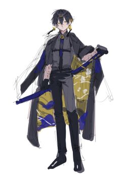 1boy alternate_costume arm_at_side black_coat black_gloves black_hair black_necktie black_pants black_shoes blonde_hair brooch chest_harness coat collared_shirt dress_pants earrings egasumi expressionless full_body gloves grey_shirt hair_between_eyes hand_on_hilt harness highres holostars jewelry katana looking_at_viewer male_focus multicolored_hair necktie official_artist_extra pants parted_lips sakusya2honda sheath sheathed shirt shoes short_hair simple_background sketch sleeves_rolled_up solo standing sword two-sided_coat two-sided_fabric two-tone_hair virtual_youtuber weapon white_background yatogami_fuma yellow_coat yellow_eyes