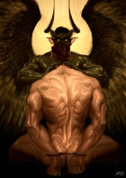 2boys ass back_muscles bara beard colored_skin completely_nude couple cuffs demon_boy demon_horns demon_wings facial_hair feet_out_of_frame from_behind full_beard glowing glowing_eyes green_skin handcuffs hands_on_another&#039;s_neck highres horns interracial interspecies male_focus mature_male multiple_boys muscular muscular_male nude original revision sandalphon_(kyoulang) short_hair sitting skin-covered_horns spread_wings thick_eyebrows wings yaoi yellow_eyes