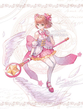1girl absurdres angel_wings ankle_flower back_bow bare_shoulders bow bow_button bowtie brown_hair buttons cardcaptor_sakura center_frills cherry_blossoms chinese_commentary commentary_request commission dated detached_sleeves dot_nose dress expressionless feathered_wings feathers flower footwear_bow frilled_dress frilled_skirt frilled_sleeves frills full_body gloves green_eyes hair_bow hair_flower hair_intakes hair_ornament hand_up heart_button high_heels highres holding holding_staff kinomoto_sakura lace lace-trimmed_thighhighs lace_trim large_bow looking_to_the_side magic_circle magical_girl memory_mie miniskirt parted_lips pink_bow pink_bowtie pink_flower pink_shoes pink_skirt pleated_skirt puffy_short_sleeves puffy_sleeves pumps sample_watermark shoes short_dress short_hair short_sleeves signature sitting skirt skirt_under_dress sleeveless sleeveless_dress solo staff star_wand thighhighs two_side_up watermark watermark_grid white_background white_dress white_gloves white_sleeves white_thighhighs white_wings winged_wand wings wrist_flower yellow_bow