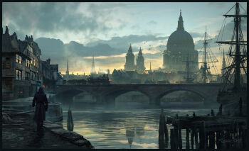1boy assassin's_creed_(series) blue_sky bridge building cane city cloak cloud commentary dock dome english_commentary flock from_behind gradient_sky highres hood hooded_cloak painterly raphael-lacoste reflection reflective_liquid sailing_ship scenery signature sky tower train victorian water window yellow_sky