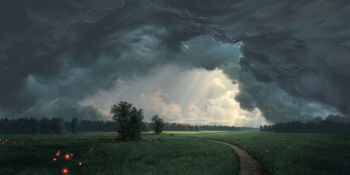 absurdres cloud commentary day english_commentary fireflies forest grass highres nature no_humans original outdoors overcast path philipp_urlich road scenery sky sunlight tree