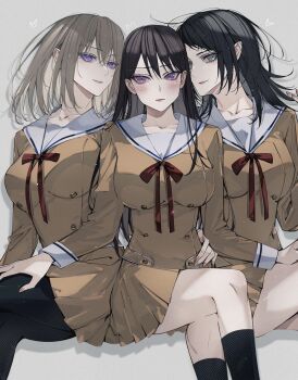 Rule 34 | 3girls, bang dream!, bang dream! it's mygo!!!!!, black hair, black pantyhose, black socks, blackfangs, blonde hair, breasts, brown dress, closed mouth, collarbone, commentary, crossed legs, dress, hair between eyes, hanasakigawa school uniform, hand on another's thigh, heart, highres, large breasts, long hair, medium hair, misumi uika, mole, mole under eye, multiple girls, pantyhose, pleated dress, purple eyes, red ribbon, ribbon, sailor collar, sailor dress, school uniform, shiina taki, sitting, socks, yahata umiri