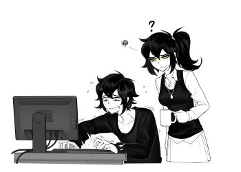 1boy 1girl 3: :d ? adam&#039;s_apple ahoge aierlaobo andrew_graves antenna_hair arm_at_side behind_another breasts bright_pupils closed_mouth collarbone collared_shirt commentary computer computer_keyboard cropped_torso cup desk double-parted_bangs english_commentary flying_sweatdrops green_eyes greyscale grin hair_between_eyes hair_tie high_contrast highres holding holding_cup jewelry long_sleeves looking_at_screen medium_hair meta monochrome mother_and_son necklace nervous_smile nervous_sweating open_mouth puffy_long_sleeves puffy_sleeves raised_inner_eyebrows renee_graves shirt short_hair simple_background skirt sleepy small_breasts smile spot_color squiggle standing sweat sweater sweater_vest the_coffin_of_andy_and_leyley white_background