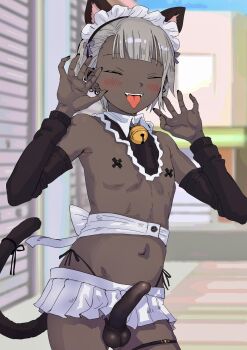 Rule 34 | 1boy, animal ears, asymmetrical bangs, bad id, bad twitter id, bell, black panties, black sleeves, blush, bulge, cat ears, cat tail, claw pose, closed eyes, cross, cross pasties, dark-skinned male, dark skin, detached sleeves, ear piercing, erection, erection under clothes, grey hair, highleg, highleg panties, highres, inactive account, jingle bell, male focus, miniskirt, navel, neck bell, o-ring, open mouth, original, outdoors, panties, pasties, penis in panties, piercing, side-tie panties, skirt, solo, stomach, tail, tajmahalchiba, teeth, thigh strap, tongue, trap, underwear, upper teeth only, white skirt