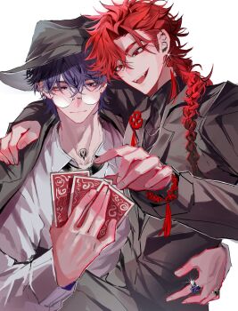 2boys black_jacket blue_hair braid card closed_mouth earrings glasses hat highres holding holding_card jacket jewelry liu_xiao long_hair long_sleeves male_focus multiple_boys niwatorizhen open_mouth piercing purple_eyes purple_hair red_eyes red_hair ring round_eyewear shiguang_dailiren shirt short_hair simple_background smile tassel white_background white_shirt xiao_weiying yaoi