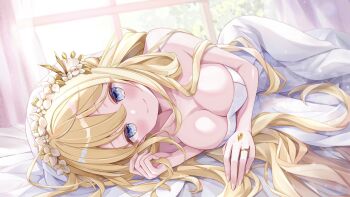 Rule 34 | 1girl, battle spirits, blonde hair, blue eyes, breasts, cleavage, commentary, dress, flower hairband, hair between eyes, hand jewel, haundo b, highres, indoors, jewelry, large breasts, light smile, long hair, looking at viewer, lying, on bed, on side, rei ooba, ring, solo, untranslatable commentary, veil, white dress, window