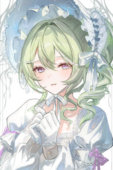 1girl bonnet chaerom dress drill_hair gloves green_hair hair_between_eyes hands_up highres long_sleeves looking_at_viewer medium_hair multicolored_eyes parted_lips smile solo stellive upper_body virtual_youtuber white_bonnet white_dress white_gloves yuzuha_riko