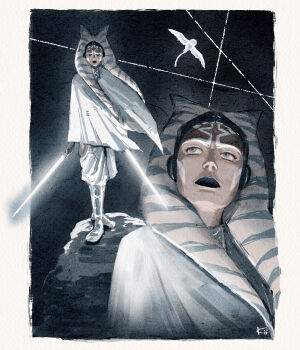 1girl absurdres ahsoka_tano alien arvala_7 commentary dual_wielding energy_sword english_commentary highres holding holding_sword holding_weapon lightsaber multiple_views signature star_wars star_wars:_ahsoka sword togruta weapon white_lightsaber