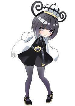 1girl belt belt_buckle black_dress black_eyes black_hair black_pantyhose blunt_bangs bob_cut buckle closed_mouth coat dress full_body gwynn_(pokemon) hat highres leaning_forward long_sleeves looking_at_viewer mikan_(mikan_no_happa) nintendo o-ring o-ring_belt open_clothes open_coat pantyhose pokemon pokemon_legends:_z-a short_hair smile solo white_background white_coat