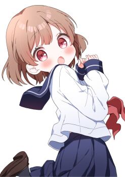 1girl :o blue_sailor_collar blue_skirt blush bob_cut brown_hair buchi_(y0u0ri_) child cowboy_shot dot_nose foot_out_of_frame from_side hands_up highres leg_up looking_at_viewer looking_to_the_side lying neckerchief open_mouth original parted_bangs pleated_skirt red_eyes red_neckerchief sailor_collar shirt short_hair simple_background skirt solo turning_head white_background white_shirt