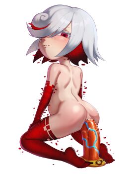 1girl alpha_transparency anal anal_object_insertion ass blush closed_mouth completely_nude dildo dildo_riding female_focus from_behind full_body hair_over_one_eye hands_on_own_thighs highres loli looking_at_viewer looking_back multicolored_hair nude object_insertion omegahaunt red_eyes red_hair red_thighhighs sage_(sonic) seiza sex_toy short_hair shoulder_blades sitting solo sonic_(series) sonic_frontiers thighhighs transparent_background uncensored wavy_mouth white_hair