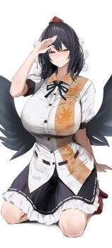 1girl 258n black_hair black_skirt black_wings blush breasts closed_mouth collared_shirt geta hand_up hat highres huge_breasts looking_at_viewer medium_hair miniskirt pom_pom_(clothes) puffy_short_sleeves puffy_sleeves red_eyes red_hat red_shoes salute seiza shameimaru_aya shirt shoes short_sleeves simple_background sitting skirt smile solo tengu-geta tokin_hat touhou white_background white_shirt wings