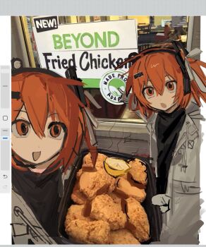 2girls :d :o a.i._voice adachi_rei art_program_in_frame beyond_meat black_shirt clone dill_(adachi_rei_zero) english_text food fruit gloves hair_ornament hairclip headphones headset highres jacket lemon looking_at_viewer meme multiple_girls one_side_up open_mouth orange_eyes orange_hair photo_background pointing shirt short_hair sign smile two_soyjaks_pointing_(meme) utau white_gloves white_jacket