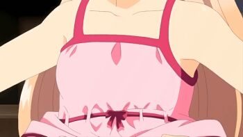1girl 1other animated animated_gif blonde_hair blue_eyes blush hair_ribbon hajimete_no_orusuban loli long_hair mizuki_saori nipples ribbon spanish_text tagme undressing