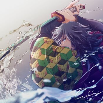 Rule 34 | 1boy, arms up, black hair, black jacket, coichi02, demon slayer uniform, from behind, gradient background, haori, high collar, highres, holding, holding sword, holding weapon, jacket, japanese clothes, katana, kikkoumon, kimetsu no yaiba, long hair, low ponytail, male focus, ponytail, print haori, profile, red haori, signature, solo, spiked hair, sword, tomioka giyuu, upper body, water, weapon