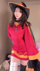 1girl animated arm_tattoo ass bandaged_leg bandages bikini black_bikini black_choker black_thighhighs bouncing_ass breasts brown_eyes brown_hair choker cosplay cross cross_print dress female_focus gen_1_pokemon gengar grabbing_own_breast hat highres huge_filesize indoors jiggle kono_subarashii_sekai_ni_shukufuku_wo! long_hair megumin megumin_(cosplay) miamiaxof micro_bikini narrow_waist navel nintendo nipples petite photo_(medium) pokemon real_life red_dress single_thighhigh small_breasts solo stuffed_toy swimsuit tagme tattoo thighhighs undressing video wide_hips witch_hat