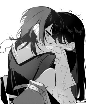 2girls arms_around_neck bang_dream! bang_dream!_it&#039;s_mygo!!!!! blush closed_eyes clothes_pull commentary ear_blush earclip greyscale hand_on_another&#039;s_head heart highres implied_fingering jacket long_hair looking_at_another mole mole_under_eye monochrome multiple_girls parted_lips shiina_taki shirt skirt skirt_pull yahata_umiri yuri zikiki1092