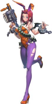 1girl animal_ears blue_eyes blush bodysuit breasts cleavage code_geass code_geass:_genesic_re;code fake_animal_ears fishnets full_body gun halloween halloween_costume handgun highleg highleg_leotard highres holding holding_gun holding_weapon kouzuki_kallen large_breasts leotard official_art orange_leotard playboy_bunny red_hair short_hair simple_background solo standing standing_on_one_leg torn_clothes transparent_background weapon wrist_cuffs