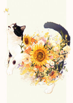 animal animal_focus bug butterfly cat flower highres insect kamimon2016 no_humans original sunflower yellow_butterfly yellow_flower