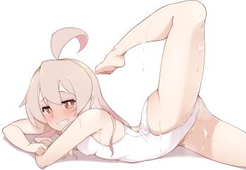 1girl absurdres ahoge ass barefoot blush breasts feet flexible foot_out_of_frame grin highres huge_ahoge legs long_hair looking_at_viewer lying nekono_matatabi on_stomach one-piece_swimsuit onii-chan_wa_oshimai! oyama_mahiro school_swimsuit simple_background smile soles solo stretching sweat swimsuit toes wet wet_clothes wet_swimsuit white_background white_one-piece_swimsuit