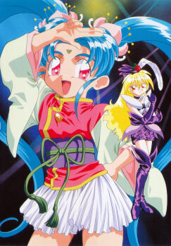1990s_(style) 2girls aqua_hair arm_up blonde_hair facial_mark flower forehead_mark freckles hair_flower hair_ornament hat highres kawai_sasami long_hair long_sleeves looking_at_viewer magical_girl mahou_shoujo_pretty_sammy masaki_sasami_jurai miniskirt multiple_girls non-web_source obi official_art open_mouth pink_eyes pixy_misa pretty_sammy_(character) red_eyes retro_artstyle sash scan skirt smile twintails very_long_hair white_skirt wide_sleeves