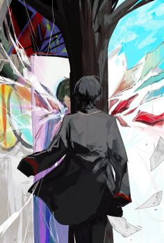 Rule 34 | 2boys, absurdres, black coat, black hair, black pants, broken glass, broken wing, coat, coat on shoulders, commentary, faceless, faceless male, from behind, glass, glass shard, highres, lab coat, limbus company, long coat, mirror, multiple boys, pants, project moon, sang yi (project moon), short hair, sixgod, tree, white coat, yi sang (project moon)