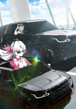 Rule 34 | 2girls, absurdres, artist name, blue sky, bow, breasts, car, carlotta (wuthering waves), closed mouth, collared shirt, commentary, day, dress, english commentary, grey hair, hair bow, highres, jacket, long hair, looking at another, medium breasts, motor vehicle, multiple girls, open mouth, pink bow, pink jacket, ryeon (naturesan), shirt, sky, striped bow, sunglasses, surprised, white dress, white shirt, wuthering waves, zani (wuthering waves)