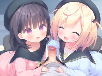 1boy 2girls :3 :d ^_^ bat_hair_ornament black_hair blonde_hair blue_cardigan blush braid bulge cardigan censored closed_eyes erection ffm_threesome game_cg group_sex hair_ornament handjob hat hetero kazari_(mainichi_kiss_shite_lolita) large_variant_set loli looking_at_viewer mainichi_kiss_shite_lolita mihato_(mainichi_kiss_shite_lolita) mosaic_censoring multiple_girls non-web_source open_mouth penis pink_cardigan pink_eyes piyodera_mucha pov sailor_collar side_braid sleeves_past_fingers sleeves_past_wrists smile threesome two_side_up usashiro_mani variant_set
