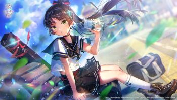 Rule 34 | 1girl, arm at side, bench, black boots, black bow, black bowtie, black choker, black hair, black sailor collar, black skirt, blue sky, blunt bangs, blunt ends, blurry, blurry background, boots, bottle, bow, bowtie, buttons, choker, cloud, commentary, copyright notice, day, depth of field, dutch angle, english commentary, falling leaves, floating clothes, floating hair, from side, full body, glint, green eyes, hair bow, hair ornament, hand up, heaven burns red, highres, hime cut, holding, holding bottle, kneehighs, lace-up boots, leaf, leaning forward, long hair, looking at viewer, midriff peek, miniskirt, natsume inori, natsume inori (lapis lazuli adolescence), official alternate costume, official art, official wallpaper, on bench, outdoors, park bench, parted lips, pleated skirt, ponytail, sailor collar, school uniform, serafuku, shirt, short sleeves, sidelocks, sitting, skirt, sky, socks, solo, sunlight, very long hair, water bottle, weapon case, white shirt, white socks, wind