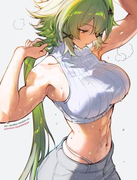 1girl abs armpits arms_up bare_arms bare_shoulders caesar_king_(zenless_zone_zero) collarbone commentary english_commentary green_hair highres long_hair looking_down navel paid_reward_available parted_lips qiandaiyiyu simple_background solo stomach sweat turtleneck white_background zenless_zone_zero