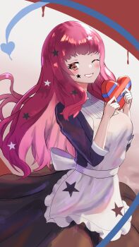 Rule 34 | 1girl, absurdres, apron, black dress, box, brown eyes, commentary, dress, facial mark, fire emblem, fire emblem engage, grin, hair ornament, heart-shaped box, highres, long hair, long sleeves, nintendo, one eye closed, red hair, smile, solo, star (symbol), star facial mark, star hair ornament, star print, star tattoo, tarutaru193, tattoo, valentine, white apron, yunaka (fire emblem)