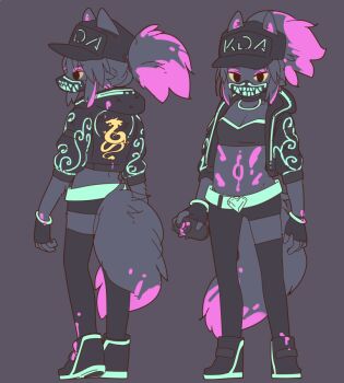 1girl akali animal_ears asymmetrical_legwear baseball_cap belt black_background black_gloves black_headwear black_jacket commentary cropped_jacket fingerless_gloves furrification furry furry_female gloves grey_fur hat holding jacket k/da_(league_of_legends) k/da_akali league_of_legends mask midriff mouth_mask multiple_views navel original simple_background spray_paint standing tail ultraviolet_light uneven_legwear wolf_ears wolf_girl wolf_tail yagi_(s1120411)