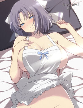 1girl apron areola_slip bare_arms bed_sheet blue_eyes blush bow breasts chimunge cleavage collarbone commentary_request grey_hair hair_bow large_breasts light_censor looking_at_viewer lying naked_apron navel on_back on_bed parted_lips pillow senran_kagura senran_kagura_burst senran_kagura_burst_re:newal senran_kagura_estival_versus senran_kagura_shinovi_versus solo twitter_username white_bow yumi_(senran_kagura)