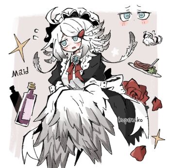 Rule 34 | 1girl, apron, artist name, blue eyes, blush, bonnet, bottle, feather hair, feathered wings, food, grey feathers, grey hair, harpy, highres, kopeniko, maid, maid apron, monster girl, open mouth, original, solo, steak, white bonnet, winged arms, wings