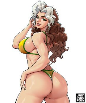 1girl artist_logo artist_name ass bikini breasts brown_hair commentary cowboy_shot curtained_hair dimples_of_venus earrings english_commentary green_eyes hand_in_own_hair hand_on_own_thigh highres hoop_earrings jamrolypoly jewelry large_breasts logo long_hair looking_at_viewer looking_back marvel marvel_rivals median_furrow multicolored_hair muscular muscular_female parted_bangs parted_lips red_lips rogue_(x-men) shoulder_blades simple_background smile solo swimsuit teeth thighs thong thong_bikini two-tone_hair white_background white_hair x-men