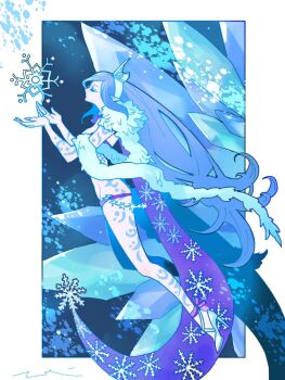 1girl ankle_ribbon bikini blue_hair body_markings border cloak closed_eyes final_fantasy final_fantasy_xii final_fantasy_xii_revenant_wings full_body fur-trimmed_cloak fur_trim high_heels leg_ribbon long_hair midriff mochi_(hanamaruudondesu) pointy_ears purple_bikini revealing_clothes ribbon shiva_(final_fantasy) signature snowflake_print snowflakes solo swept_bangs swimsuit tiara very_long_hair white_border