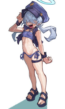 absurdres bandeau bikini blue_archive blue_bandeau blue_halo commentary flak_jacket grey_hair hair_over_eyes halo hat highres jacket long_hair open_mouth peaked_cap police police_hat police_uniform policewoman sandals sharp_teeth swimsuit symbol-only_commentary teeth twintails valkyrie_police_academy_student_(sg)_(blue_archive) waa153