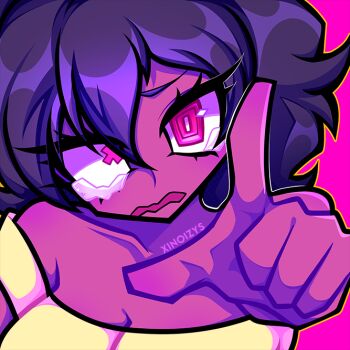 Rule 34 | 1girl, bare shoulders, breasts, bright pupils, cleavage, close-up, colored skin, cross-shaped pupils, from above, large breasts, loose clothes, loose shirt, loosely tucked bangs, medium hair, messy hair, mismatched pupils, open mouth, original, outline, pink background, pink eyes, pink skin, pointing, pointing at viewer, purple hair, purple outline, shirt, solo, square pupils, symbol-shaped pupils, tank top, tearing up, tears, thick eyelashes, wavy mouth, white pupils, white tank top, xinoizys, yellow outline