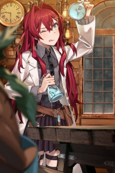 1girl :q analog_clock ange_katrina ange_katrina_(4th_costume) arm_up belt belt_pouch black_necktie black_skirt blue_eyes blurry blurry_foreground brown_belt clock coat collared_shirt commentary_request cowboy_shot crossed_bangs depth_of_field erlenmeyer_flask flask flat_chest gradient_eyes grey_shirt hair_between_eyes hair_intakes hair_ornament hand_up highres holding holding_flask indoors industrial_pipe lab_coat lamp lapels legwear_garter light_blush long_hair long_sleeves looking_at_object looking_up mandragora_(ange_katrina) miniskirt multicolored_eyes necktie nijisanji notched_lapels one_eye_closed open_clothes open_coat pleated_skirt pleated_sleeves pouch purple_eyes red_hair round-bottom_flask shirt shirt_tucked_in skirt solo_focus standing table textless_version th@nk tongue tongue_out variant_set very_long_hair vial virtual_youtuber white_coat window wooden_table