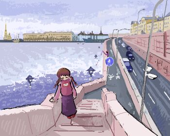 1girl 1other braid brown_hair car church city closed_eyes cloud cloudy_sky cross european_architecture fishing fishing_rod from_above hand_on_railing holding holding_fishing_rod imax_3d jaggy_lines lamppost latin_cross long_hair long_skirt madotsuki motor_vehicle on_stairs outdoors painterly pastel_colors pavement perspective pink_sweater purple_skirt red_shoes reflection reflective_liquid road scenery shadow ship shoes sidelighting sidewalk skirt sky skyline solo_focus stairs steeple stone_stairs stone_wall street sweater turtleneck turtleneck_sweater twin_braids walking_towards_viewer water watercraft wide_shot yume_nikki