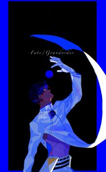 1boy absurdres arjuna_(fate) arm_up azisaiharumaki56 black_background black_hair blue_border border closed_mouth commentary_request copyright_name dark-skinned_male dark_skin fate/grand_order fate_(series) floating_clothes gloves highres long_sleeves looking_up male_focus pants shirt short_hair simple_background solo toned toned_male upper_body white_gloves white_pants white_shirt