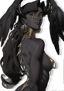 Rule 34 | 1girl, black hair, black skin, breasts, chain, colored skin, from behind, head wings, highres, lapefamm, looking back, medium breasts, metal pasties, nipple chain, nipple piercing, nude, original, piercing, sideways glance, solo, standing, upper body, white background, wings