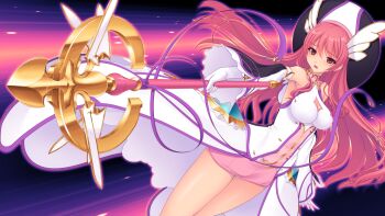 1girl breasts cleavage clothing_cutout detached_sleeves dress elbow_gloves en_ciel_rena en_ciel_rena_(magius) floating_hair game_cg gloves hat holding holding_staff kourin_tenshi_en_ciel_rena large_breasts large_variant_set long_hair long_sleeves looking_at_viewer magical_girl miniskirt navel non-web_source official_art open_mouth pink_hair pink_skirt purple_ribbon red_eyes ribbon saitou_natsuki skirt solo staff standing suhamaya tomoe_rena variant_set very_long_hair white_gloves