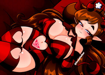 1girl artist_name bare_shoulders black_eyes blush breasts brown_hair clothing_cutout commentary crotch_cutout demon elbow_gloves english_commentary fake_antennae fake_horns fake_tail gloves hairband half-closed_eyes heart heart-shaped_pupils heart_in_eye highres horns huge_breasts leotard long_hair looking_at_viewer lying multicolored_gloves multicolored_hairband multicolored_horns multicolored_leotard multicolored_tail multicolored_thighhighs navel navel_cutout original pointy_ears pubic_tattoo red_gloves red_hairband red_horns red_tail red_thighhighs solo stomach_cutout strapless strapless_leotard striped_clothes striped_gloves striped_hairband striped_horns striped_leotard striped_tail striped_thighhighs susie_(susiehatter) susie_hatter symbol-shaped_pupils symbol_in_eye tail tattoo thick_eyebrows thighhighs thighs two-tone_gloves two-tone_hairband two-tone_horns two-tone_leotard two-tone_tail two-tone_thighhighs very_long_hair wide_hips