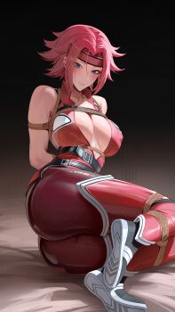 1girl absurdres arms_behind_back ass belt black_belt black_footwear blue_eyes breasts chest_belt closed_mouth code_geass headband highres kouzuki_kallen large_breasts multiple_belts pantyhose pink_hair popped_collar rasipan red_headband shibari short_hair sleeveless solo sweat thighhighs thighhighs_over_pantyhose thighs torn_clothes torn_pantyhose two-tone_footwear